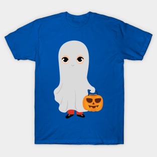 Halloween Kid dressed as ghost holding T-Shirt